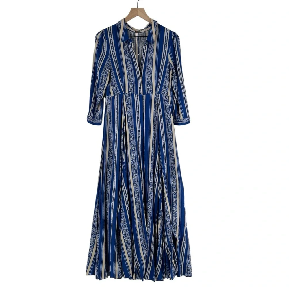 Free People After The Storm‎ Maxi Dress Button Front Paisley 3/4 Sleeve Boho
